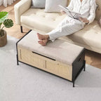 1 Pouf de rangement en rotin – avec 2 charnières de sécurité et panneau épaissi de 15 mm – Banc d'entrée à couvercle, Chêne Noir