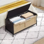 1 Pouf de rangement en rotin – avec 2 charnières de sécurité et panneau épaissi de 15 mm – Banc d'entrée à couvercle, Chêne Noir