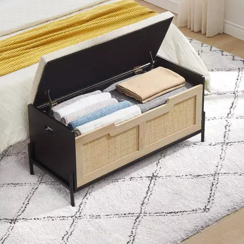 1PC Rattan Storage Ottoman - with 2 Safety Hinges & 15mm Thickened Panel - Flip-Top Entryway Bench, Black Oak