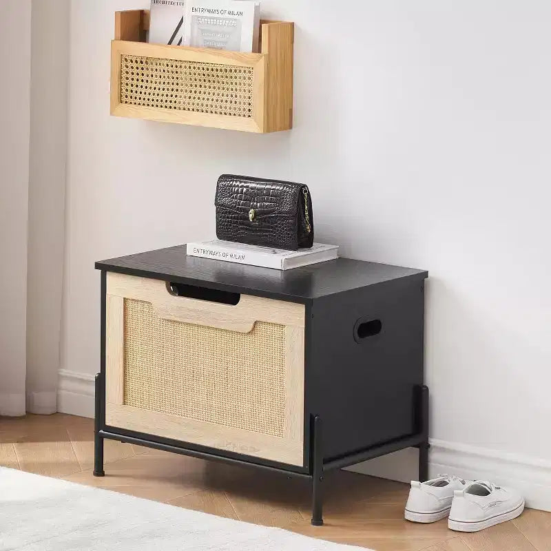 1PC Rattan Storage Ottoman - with 2 Safety Hinges & 15mm Thickened Panel - Flip-Top Entryway Bench, Black Oak