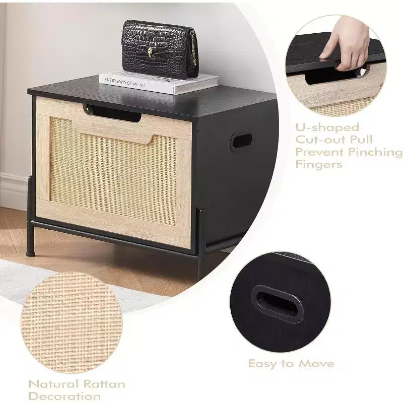 1PC Rattan Storage Ottoman - with 2 Safety Hinges & 15mm Thickened Panel - Flip-Top Entryway Bench, Black Oak