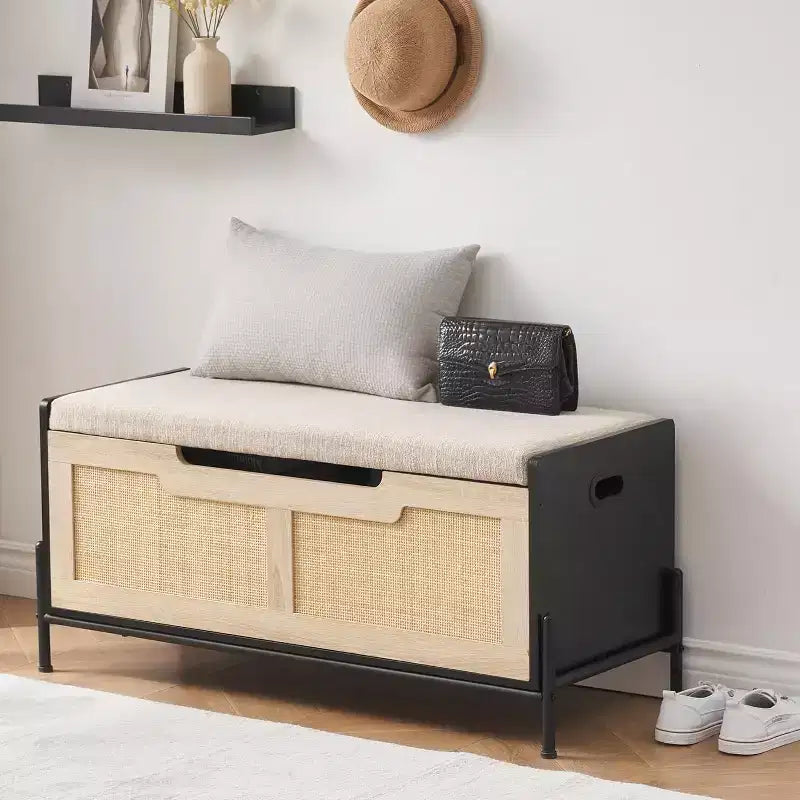 1PC Rattan Storage Ottoman - with 2 Safety Hinges & 15mm Thickened Panel - Flip-Top Entryway Bench, Black Oak