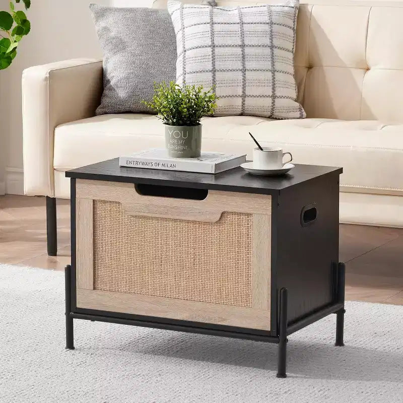 1PC Rattan Storage Ottoman - with 2 Safety Hinges & 15mm Thickened Panel - Flip-Top Entryway Bench, Black Oak