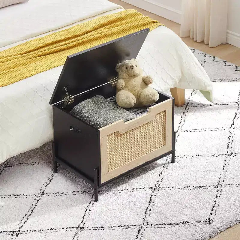1PC Rattan Storage Ottoman - with 2 Safety Hinges & 15mm Thickened Panel - Flip-Top Entryway Bench, Black Oak