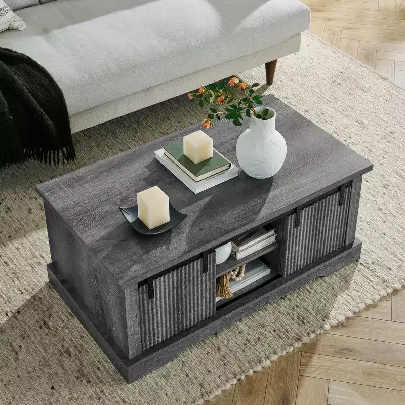 41 Farmhouse Coffee Table with Sliding Barn Door, 3-Cube Storage & Adjustable Shelves, Wood Rectangular Cocktail Table for Living Room