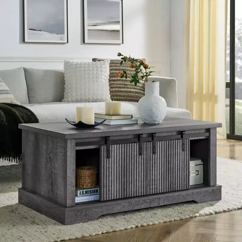 41 Farmhouse Coffee Table with Sliding Barn Door, 3-Cube Storage & Adjustable Shelves, Wood Rectangular Cocktail Table for Living Room