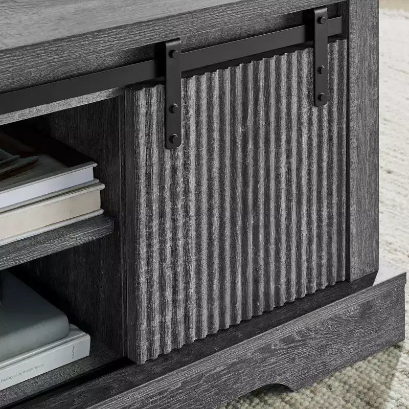 41 Farmhouse Coffee Table with Sliding Barn Door, 3-Cube Storage & Adjustable Shelves, Wood Rectangular Cocktail Table for Living Room