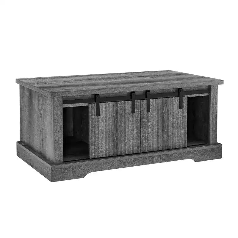 41 Farmhouse Coffee Table with Sliding Barn Door, 3-Cube Storage & Adjustable Shelves, Wood Rectangular Cocktail Table for Living Room