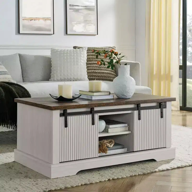 41 Farmhouse Coffee Table with Sliding Barn Door, 3-Cube Storage & Adjustable Shelves, Wood Rectangular Cocktail Table for Living Room