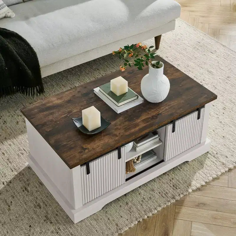 41 Farmhouse Coffee Table with Sliding Barn Door, 3-Cube Storage & Adjustable Shelves, Wood Rectangular Cocktail Table for Living Room