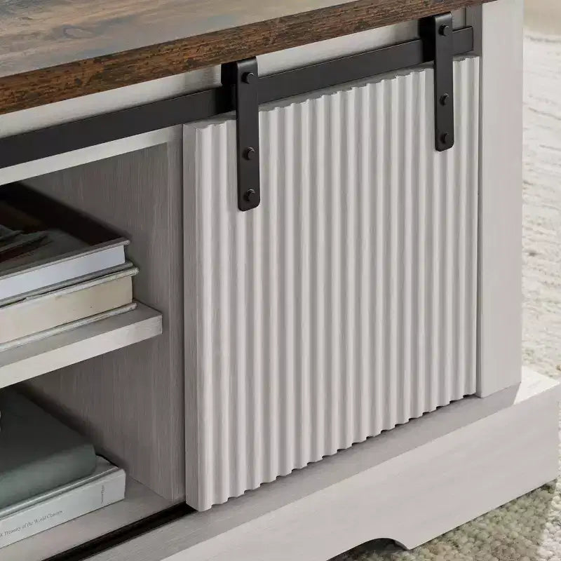 41 Farmhouse Coffee Table with Sliding Barn Door, 3-Cube Storage & Adjustable Shelves, Wood Rectangular Cocktail Table for Living Room