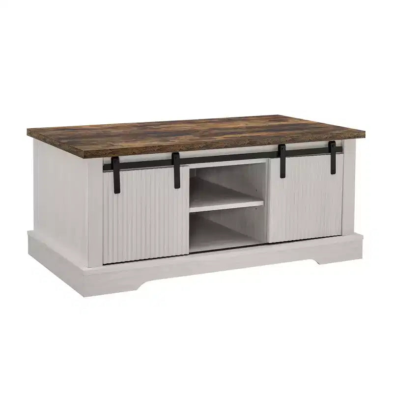41 Farmhouse Coffee Table with Sliding Barn Door, 3-Cube Storage & Adjustable Shelves, Wood Rectangular Cocktail Table for Living Room