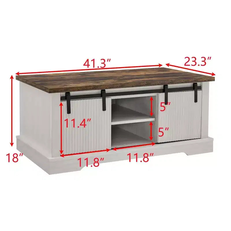 41 Farmhouse Coffee Table with Sliding Barn Door, 3-Cube Storage & Adjustable Shelves, Wood Rectangular Cocktail Table for Living Room