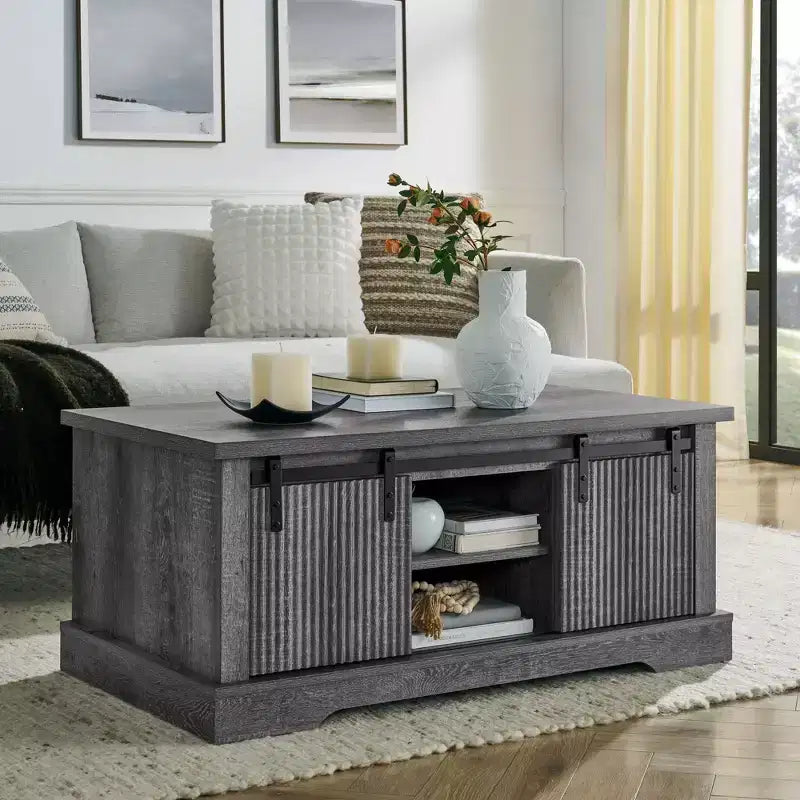 41 Farmhouse Coffee Table with Sliding Barn Door, 3-Cube Storage & Adjustable Shelves, Wood Rectangular Cocktail Table for Living Room