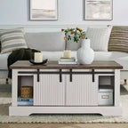 Okak 41 Farmhouse Coffee Table with Sliding Barn Door, 3-Cube Storage & Adjustable Shelves, Wood Rectangular Cocktail Table for Living Room