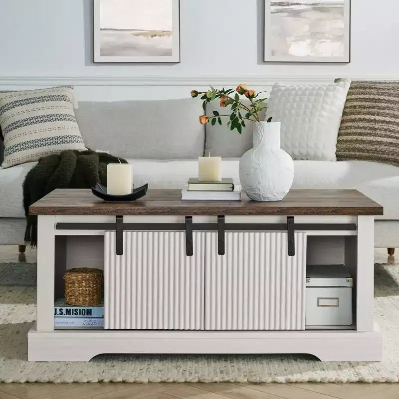 Okak 41 Farmhouse Coffee Table with Sliding Barn Door, 3-Cube Storage & Adjustable Shelves, Wood Rectangular Cocktail Table for Living Room
