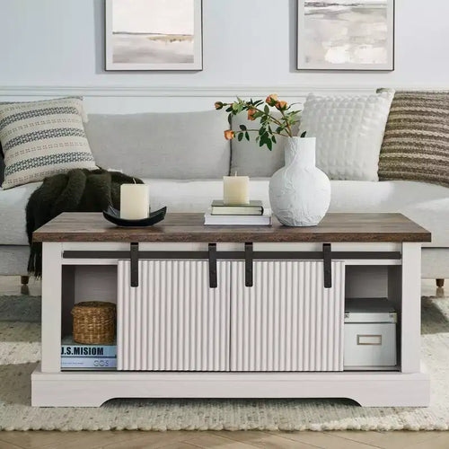 Okak 41 Farmhouse Coffee Table with Sliding Barn Door, 3-Cube Storage & Adjustable Shelves, Wood Rectangular Cocktail Table for Living Room