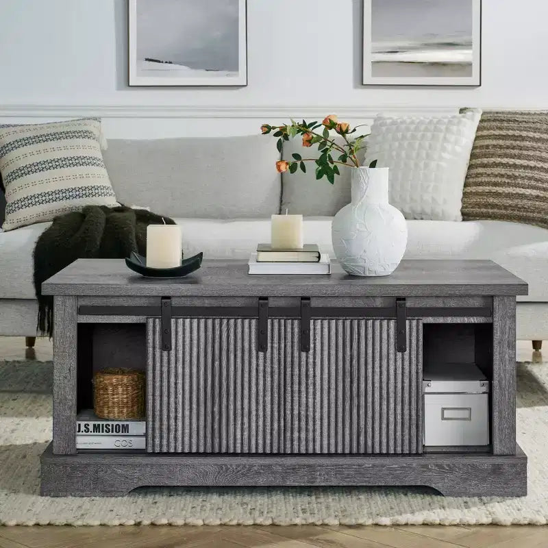 41 Farmhouse Coffee Table with Sliding Barn Door, 3-Cube Storage & Adjustable Shelves, Wood Rectangular Cocktail Table for Living Room