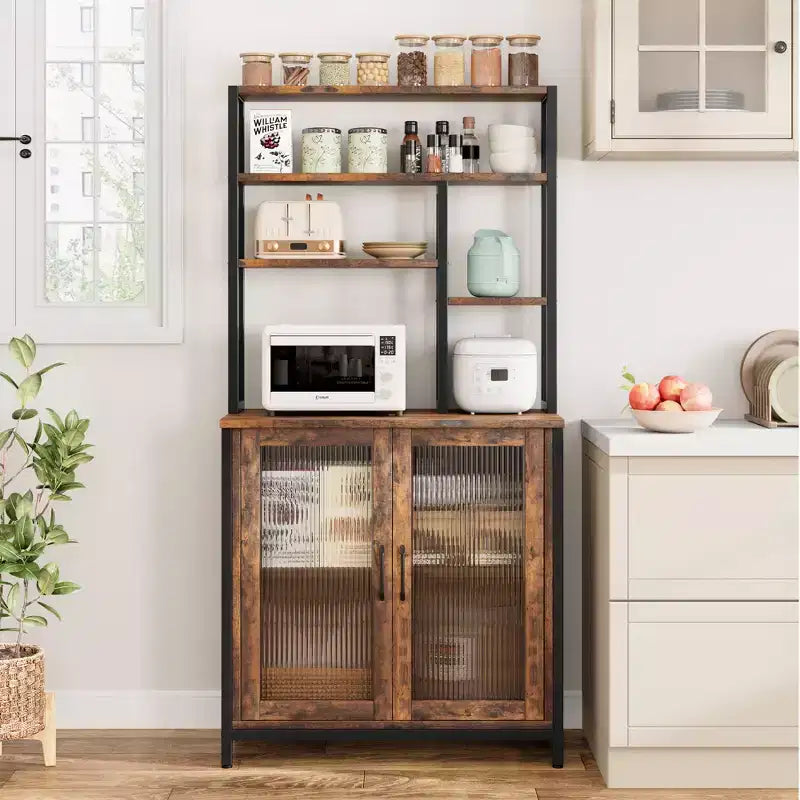 Bakers Rack, 64.5 Microwave Stand with Storage Tall Bar Cabinet Standing Baker's Racks Freestanding Wine Bar with Adjustable Feet