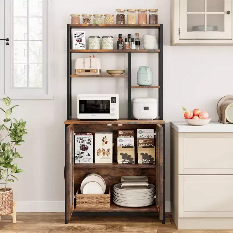 Bakers Rack, 64.5 Microwave Stand with Storage Tall Bar Cabinet Standing Baker's Racks Freestanding Wine Bar with Adjustable Feet