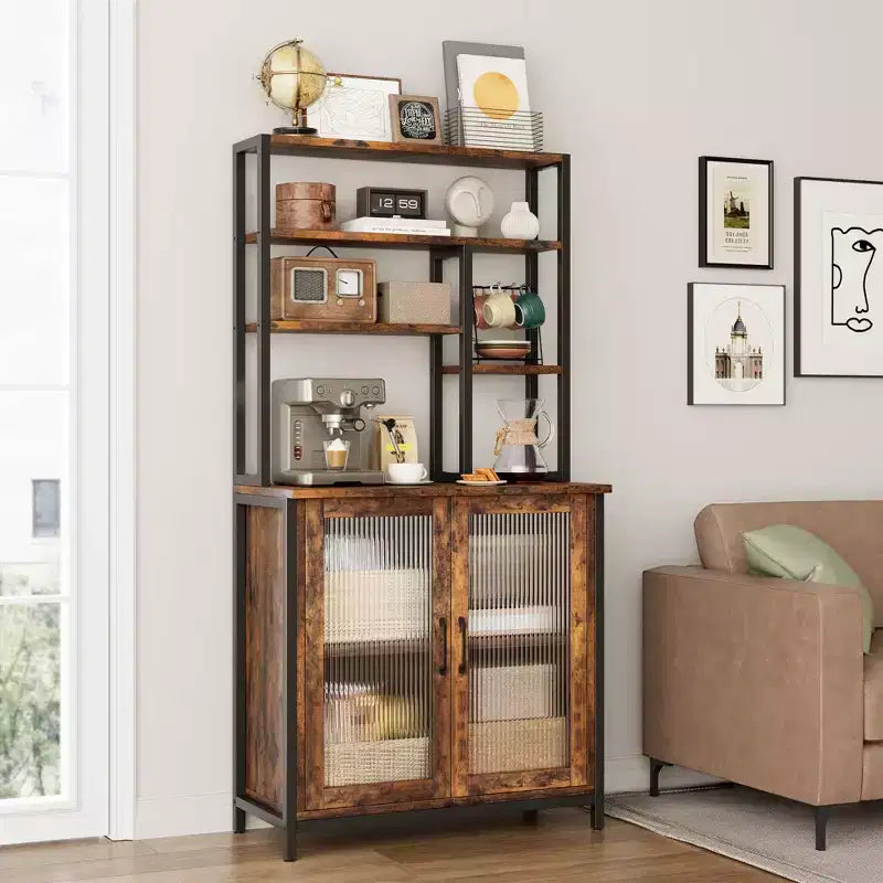 Bakers Rack, 64.5 Microwave Stand with Storage Tall Bar Cabinet Standing Baker's Racks Freestanding Wine Bar with Adjustable Feet