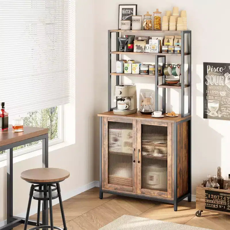 Bakers Rack, 64.5 Microwave Stand with Storage Tall Bar Cabinet Standing Baker's Racks Freestanding Wine Bar with Adjustable Feet