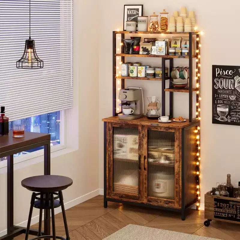 Bakers Rack, 64.5 Microwave Stand with Storage Tall Bar Cabinet Standing Baker's Racks Freestanding Wine Bar with Adjustable Feet
