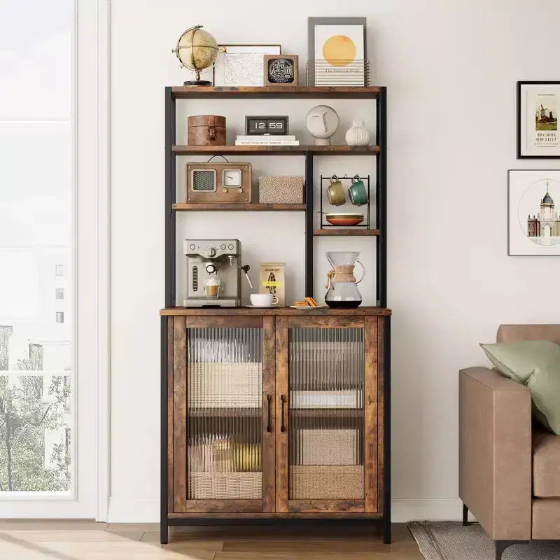 Bakers Rack, 64.5 Microwave Stand with Storage Tall Bar Cabinet Standing Baker's Racks Freestanding Wine Bar with Adjustable Feet