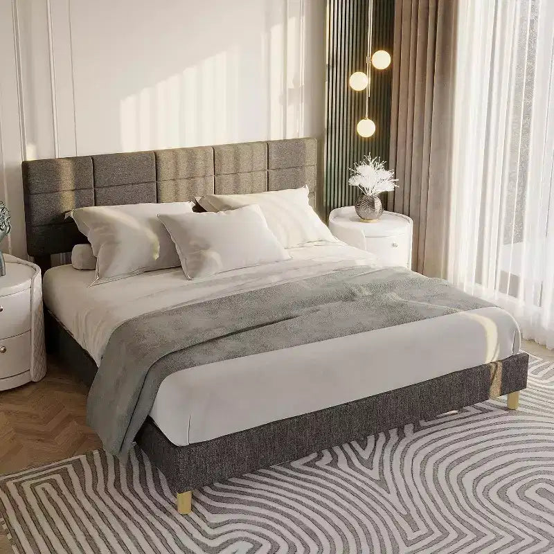 Queen Size Wood Bed Frame, Upholstered Platform Bed with Adjustable Headboard, Sturdy Wooden Slats, No Box Spring Needed, Grey