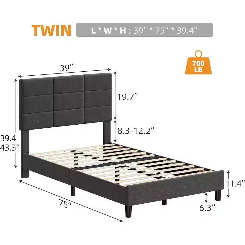 Queen Size Wood Bed Frame, Upholstered Platform Bed with Adjustable Headboard, Sturdy Wooden Slats, No Box Spring Needed, Grey