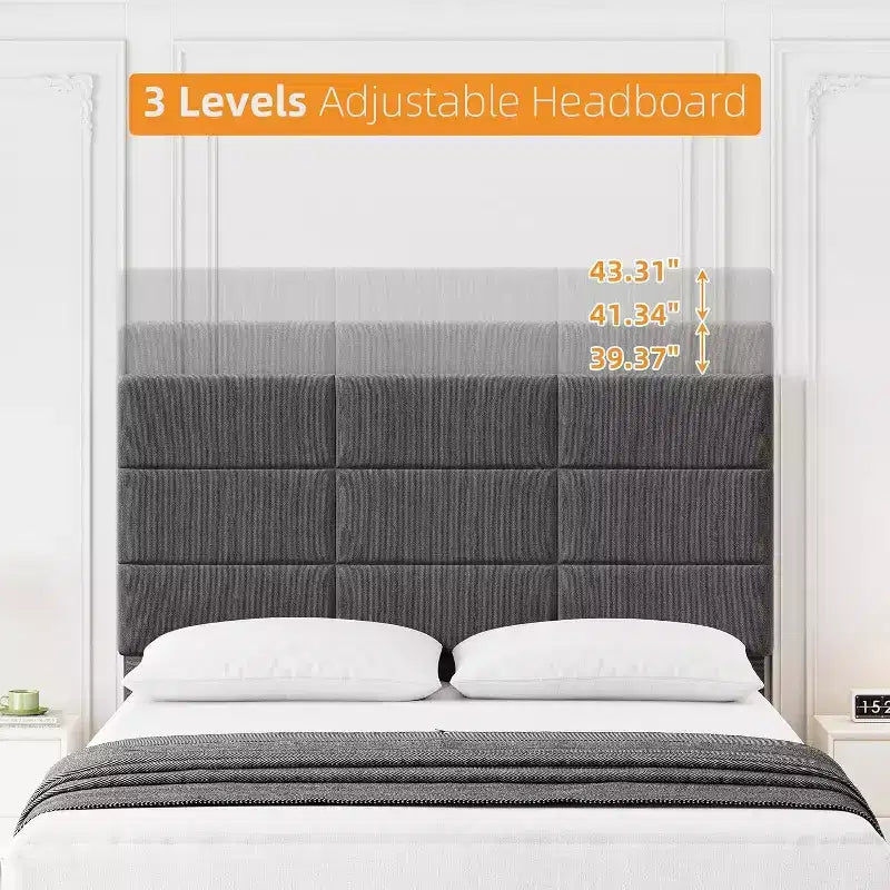 Queen Size Wood Bed Frame, Upholstered Platform Bed with Adjustable Headboard, Sturdy Wooden Slats, No Box Spring Needed, Grey