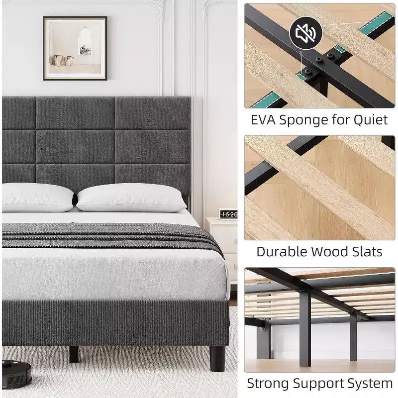 Queen Size Wood Bed Frame, Upholstered Platform Bed with Adjustable Headboard, Sturdy Wooden Slats, No Box Spring Needed, Grey