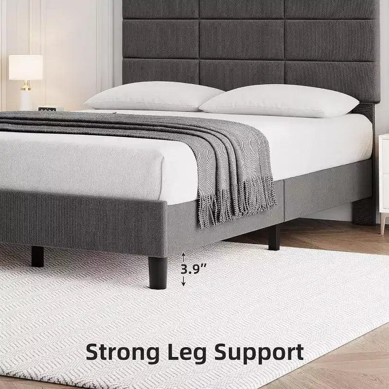 Queen Size Wood Bed Frame, Upholstered Platform Bed with Adjustable Headboard, Sturdy Wooden Slats, No Box Spring Needed, Grey