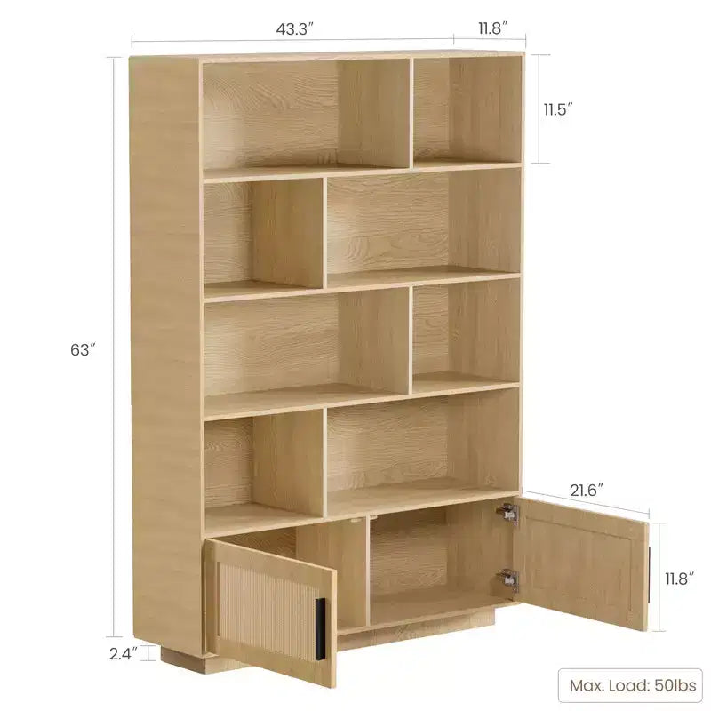 5-Tier Boho Bookshelf with Rattan Doors, Wooden Bookcase with Storage Cabinet, Tall Large Book Stand for Living Room