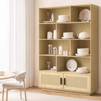 Étagère bohème à 5 niveaux avec portes en rotin, bibliothèque en bois avec armoire de rangement, grande bibliothèque haute pour salon