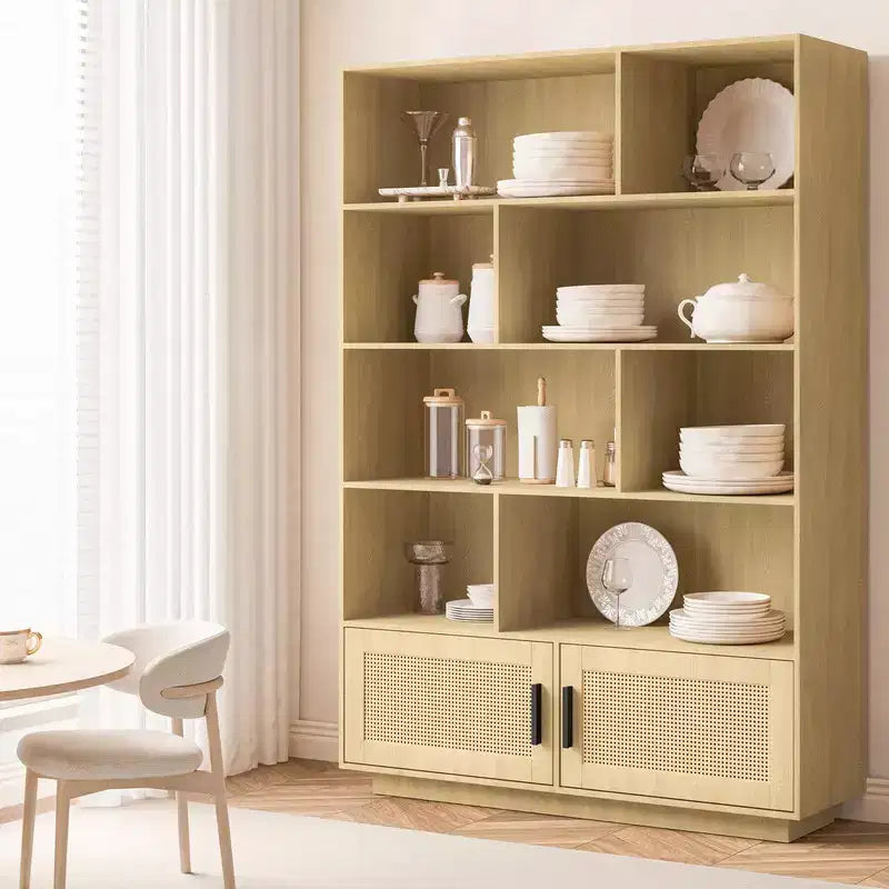 5-Tier Boho Bookshelf with Rattan Doors, Wooden Bookcase with Storage Cabinet, Tall Large Book Stand for Living Room