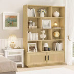Étagère bohème à 5 niveaux avec portes en rotin, bibliothèque en bois avec armoire de rangement, grande bibliothèque haute pour salon