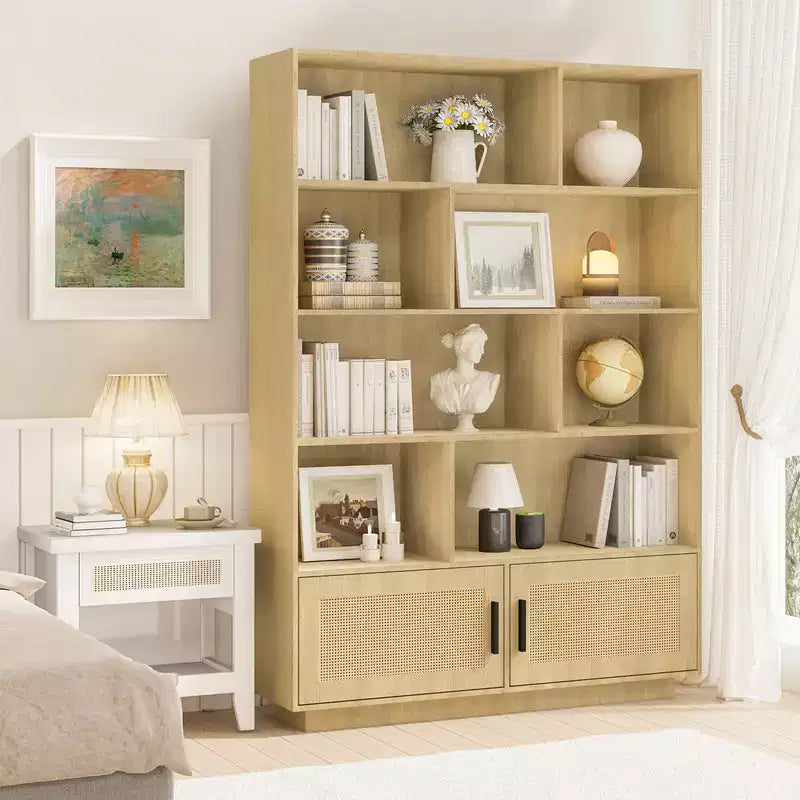 5-Tier Boho Bookshelf with Rattan Doors, Wooden Bookcase with Storage Cabinet, Tall Large Book Stand for Living Room