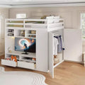 Full Size Loft Bed, Solid Wood Loft Beds with Drawers, Shelves, High Loft Bed with TV Cabinet and Wardrobe
