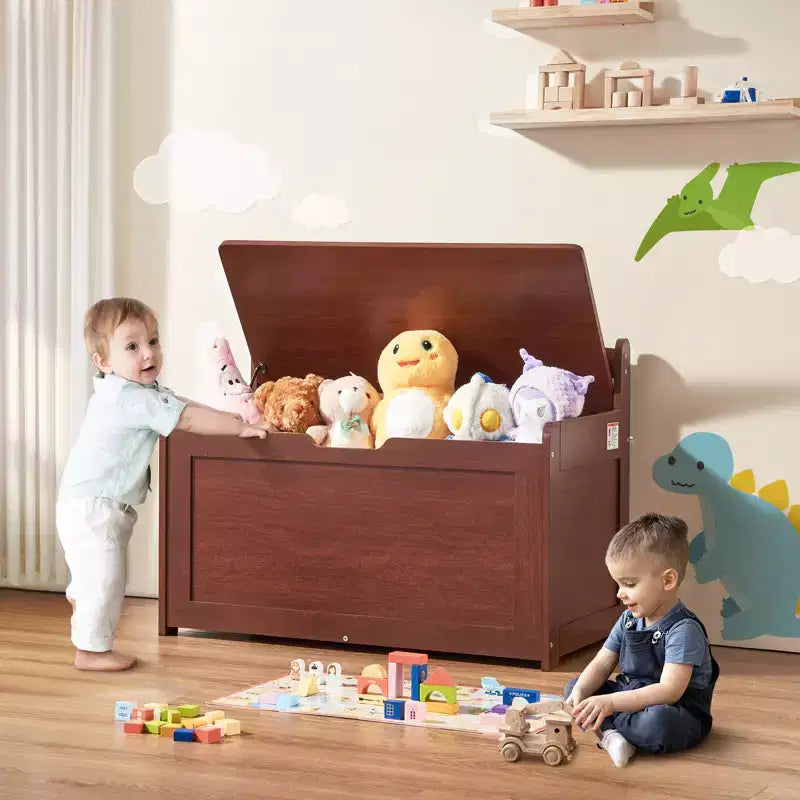 Wooden Toy Chest for Kids, Toddler Toy Storage Box with Flip-Top Lid and Safety Hinge, 32.68 x 17.91 x 24.02 Large Kids Storage Bench, Cherry