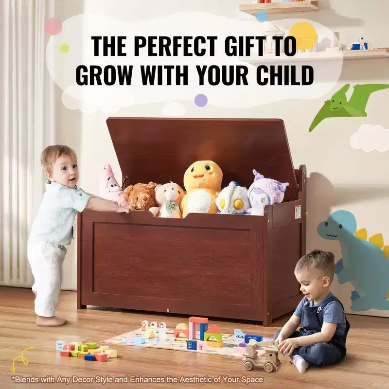 Wooden Toy Chest for Kids, Toddler Toy Storage Box with Flip-Top Lid and Safety Hinge, 32.68 x 17.91 x 24.02 Large Kids Storage Bench, Cherry