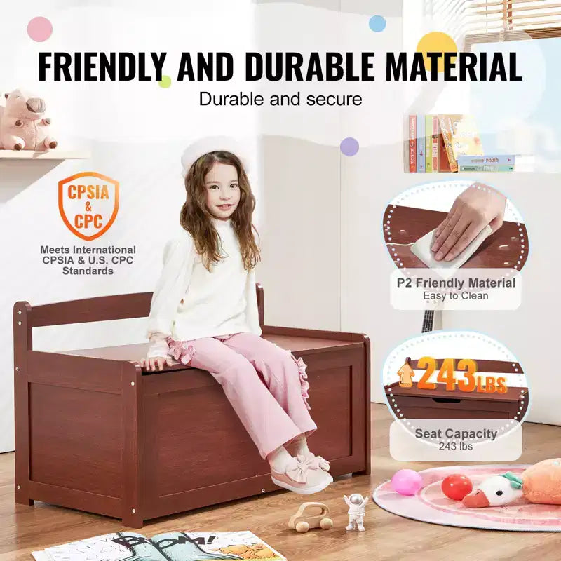 Wooden Toy Chest for Kids, Toddler Toy Storage Box with Flip-Top Lid and Safety Hinge, 32.68 x 17.91 x 24.02 Large Kids Storage Bench, Cherry