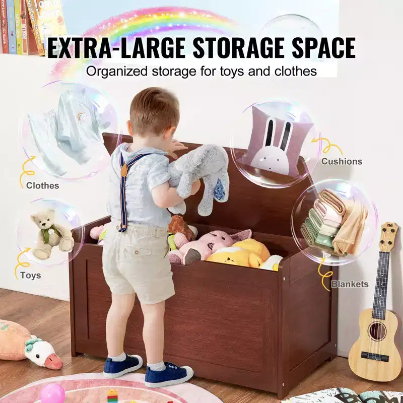 Wooden Toy Chest for Kids, Toddler Toy Storage Box with Flip-Top Lid and Safety Hinge, 32.68 x 17.91 x 24.02 Large Kids Storage Bench, Cherry