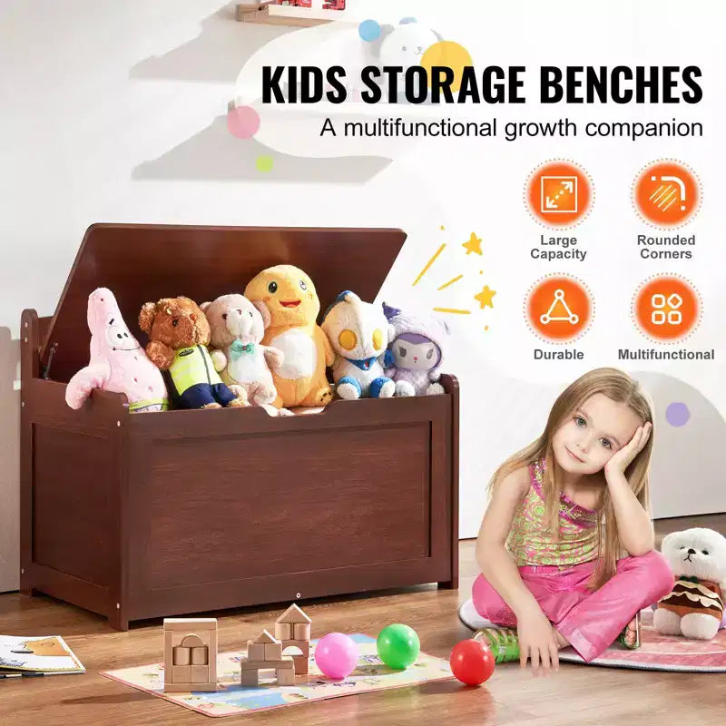 Wooden Toy Chest for Kids, Toddler Toy Storage Box with Flip-Top Lid and Safety Hinge, 32.68 x 17.91 x 24.02 Large Kids Storage Bench, Cherry