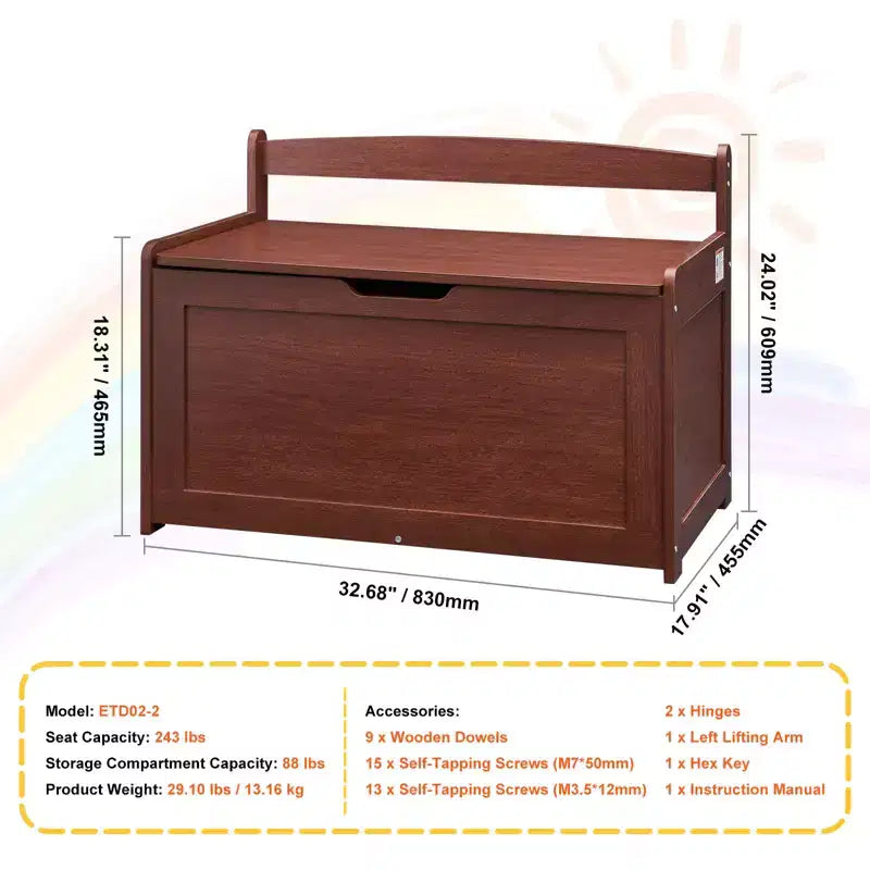 Wooden Toy Chest for Kids, Toddler Toy Storage Box with Flip-Top Lid and Safety Hinge, 32.68 x 17.91 x 24.02 Large Kids Storage Bench, Cherry