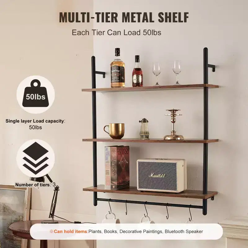 Industrial Pipe Shelf, 3 Tier 32x9.84in, Wall-Mount Floating Rustic Wood Shelves Bracket Display Bookshelf,Storage Rack Sundries Holder, Black
