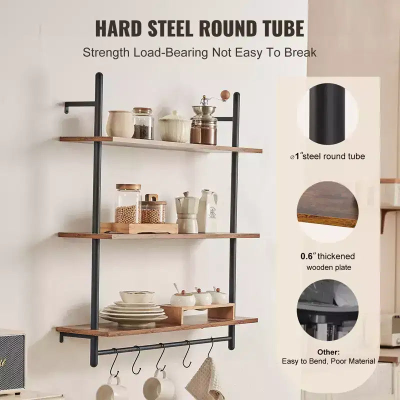 Industrial Pipe Shelf, 3 Tier 32x9.84in, Wall-Mount Floating Rustic Wood Shelves Bracket Display Bookshelf,Storage Rack Sundries Holder, Black