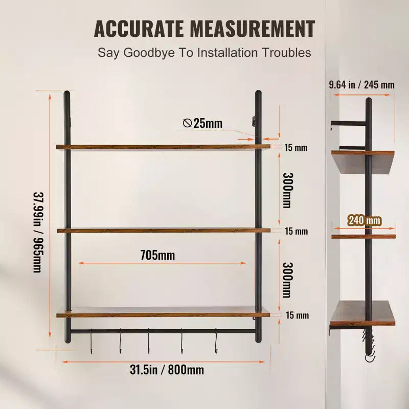 Industrial Pipe Shelf, 3 Tier 32x9.84in, Wall-Mount Floating Rustic Wood Shelves Bracket Display Bookshelf,Storage Rack Sundries Holder, Black