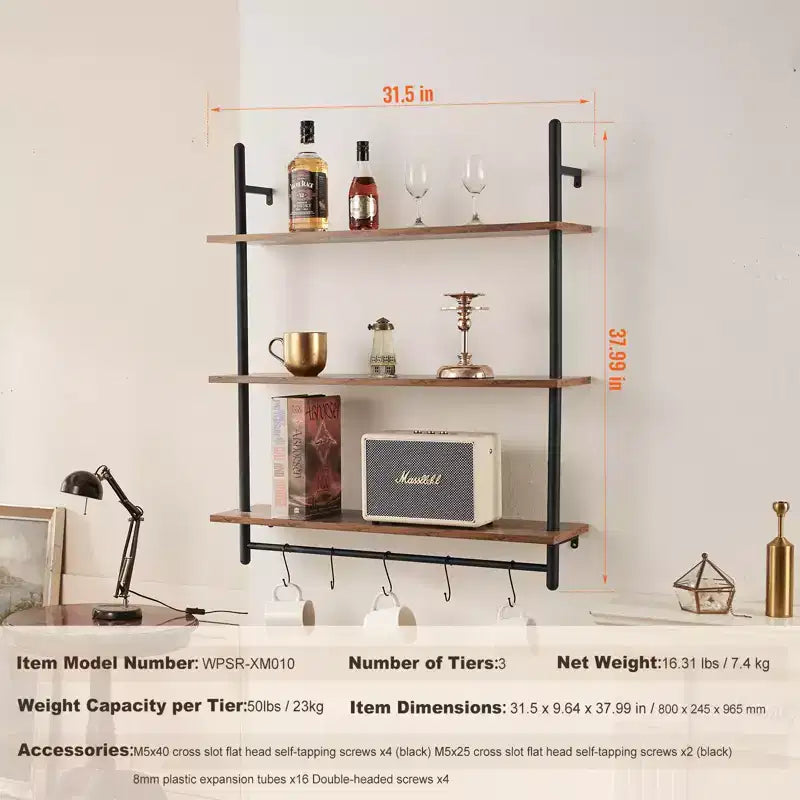 Industrial Pipe Shelf, 3 Tier 32x9.84in, Wall-Mount Floating Rustic Wood Shelves Bracket Display Bookshelf,Storage Rack Sundries Holder, Black