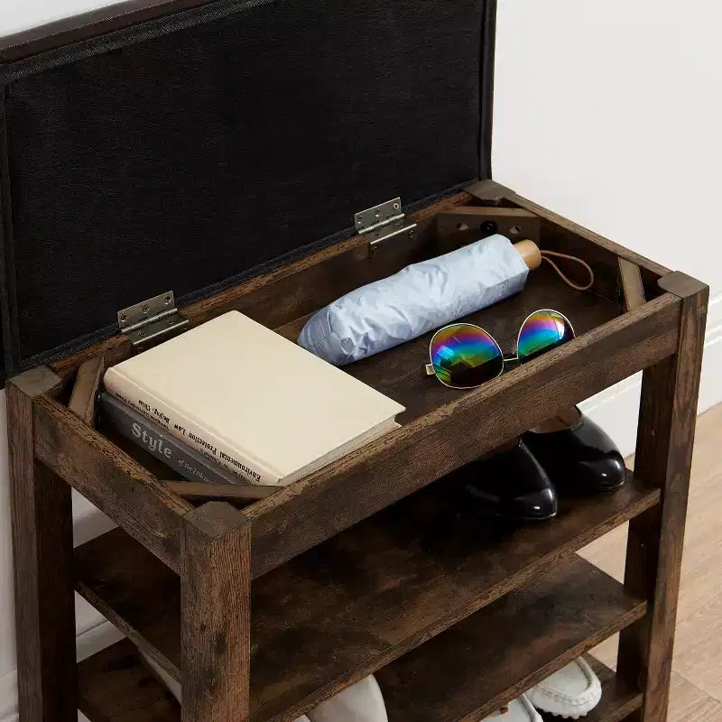 Debby Wood Faux Leather Upholstered Shoe Rack Bench